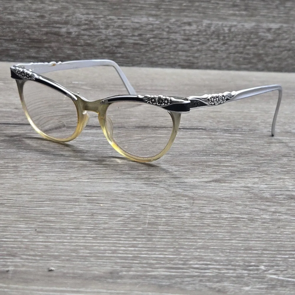 Vintage American Optical Cat Eye Eyeglasses Frame Only Silver Floral Black 5 1/2